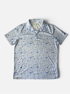 Robert Graham mens XL blue white BBQ pattern performance golf polo shirt EUC